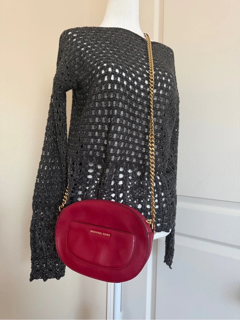 Michael Kors Red Burgundy Leather Oval Crossbody with Gold Chain